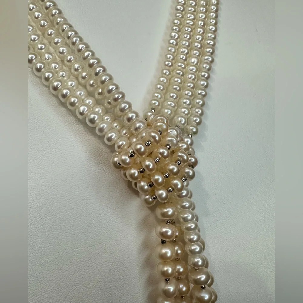 Multi-strand white cultured pearl lariat necklace with silver spacer beads, - Picture 4 of 7